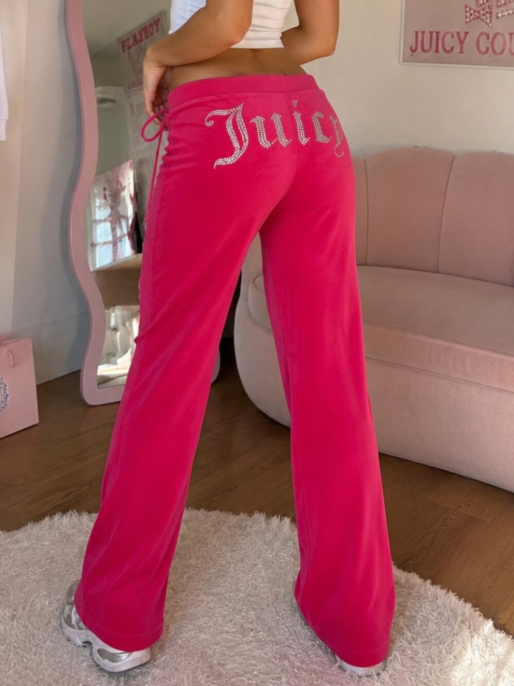 Juicy Couture Pink Velour Rhinestone Juicy Flare Pants Y2K Large